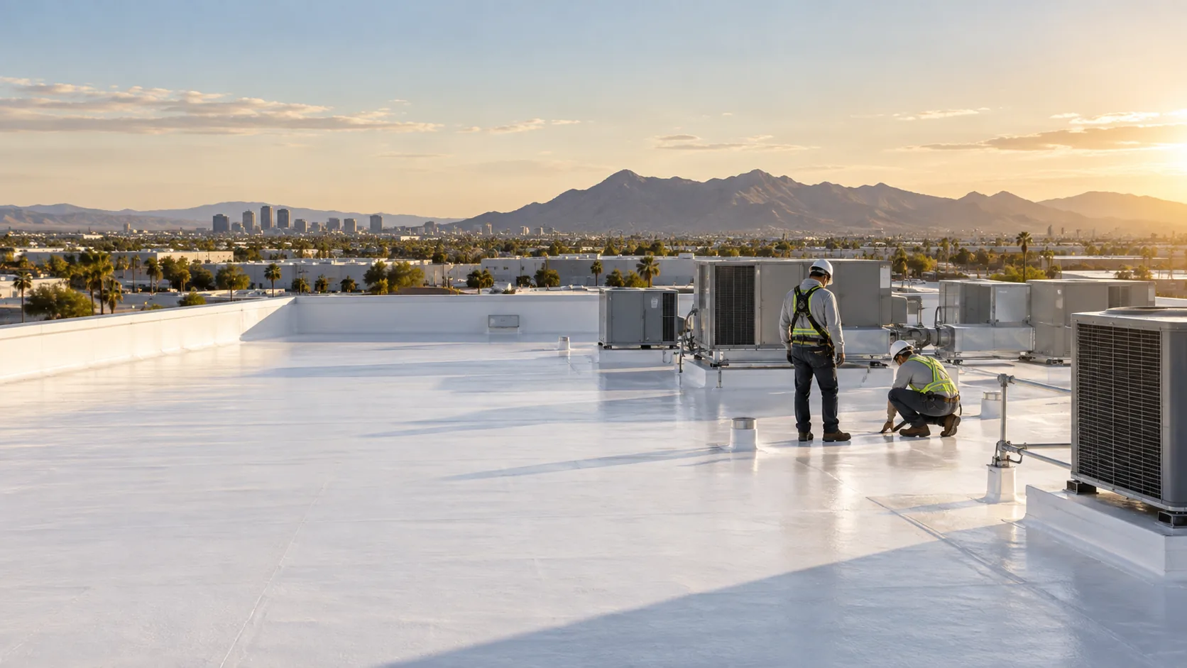 Freshly coated commercial roof with technicians and Phoenix desert horizon